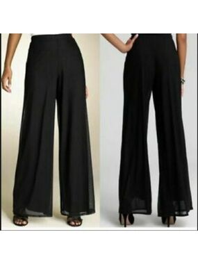 S. Levine Petite Black Mesh Sheer Wide Leg Palazzo Pants Formal Elegant Sz PL